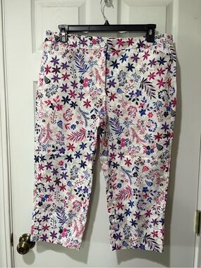 Floral Capri Pants - White with Pink & Blue Flowers